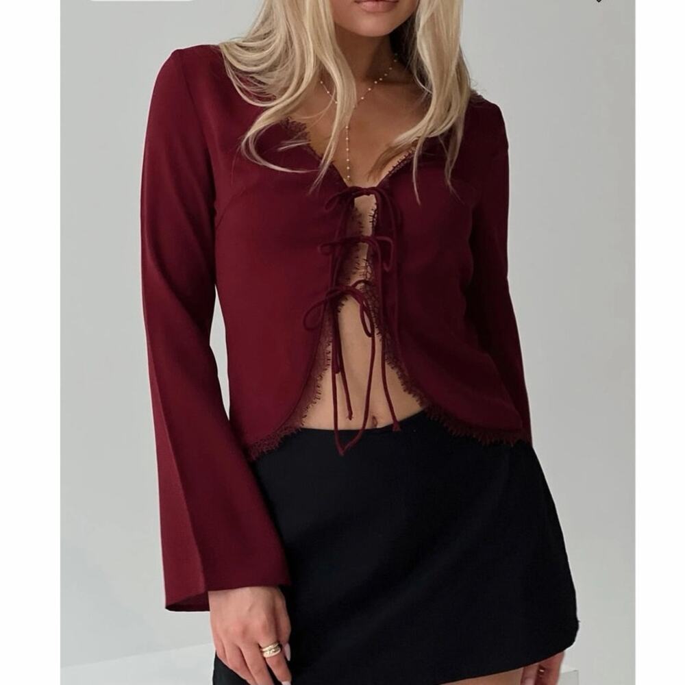NWT Princess Polly Hagner Lace Tie Front Long Sleeve Top Burgundy US 4